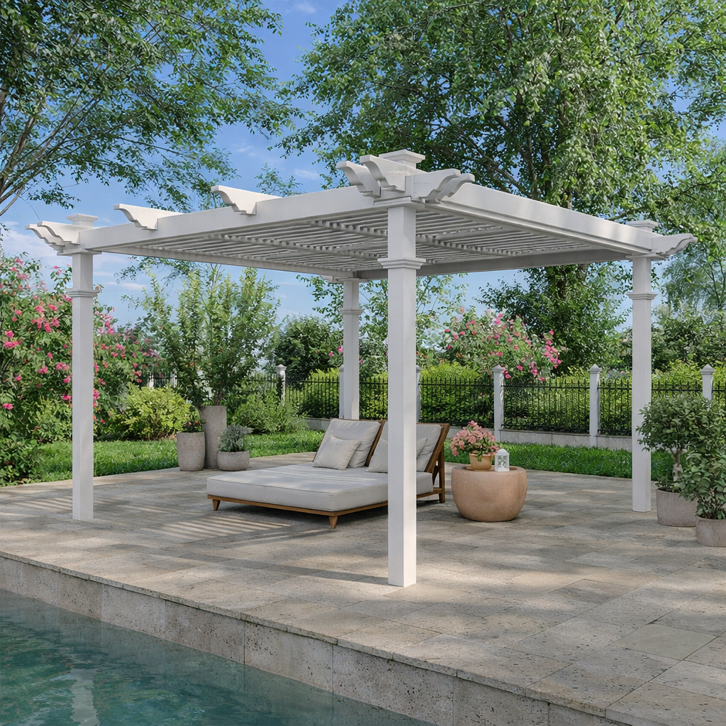 144"L X 144"W X 104"H Vinyl Camelot Louvered Pergola, White, VA42070