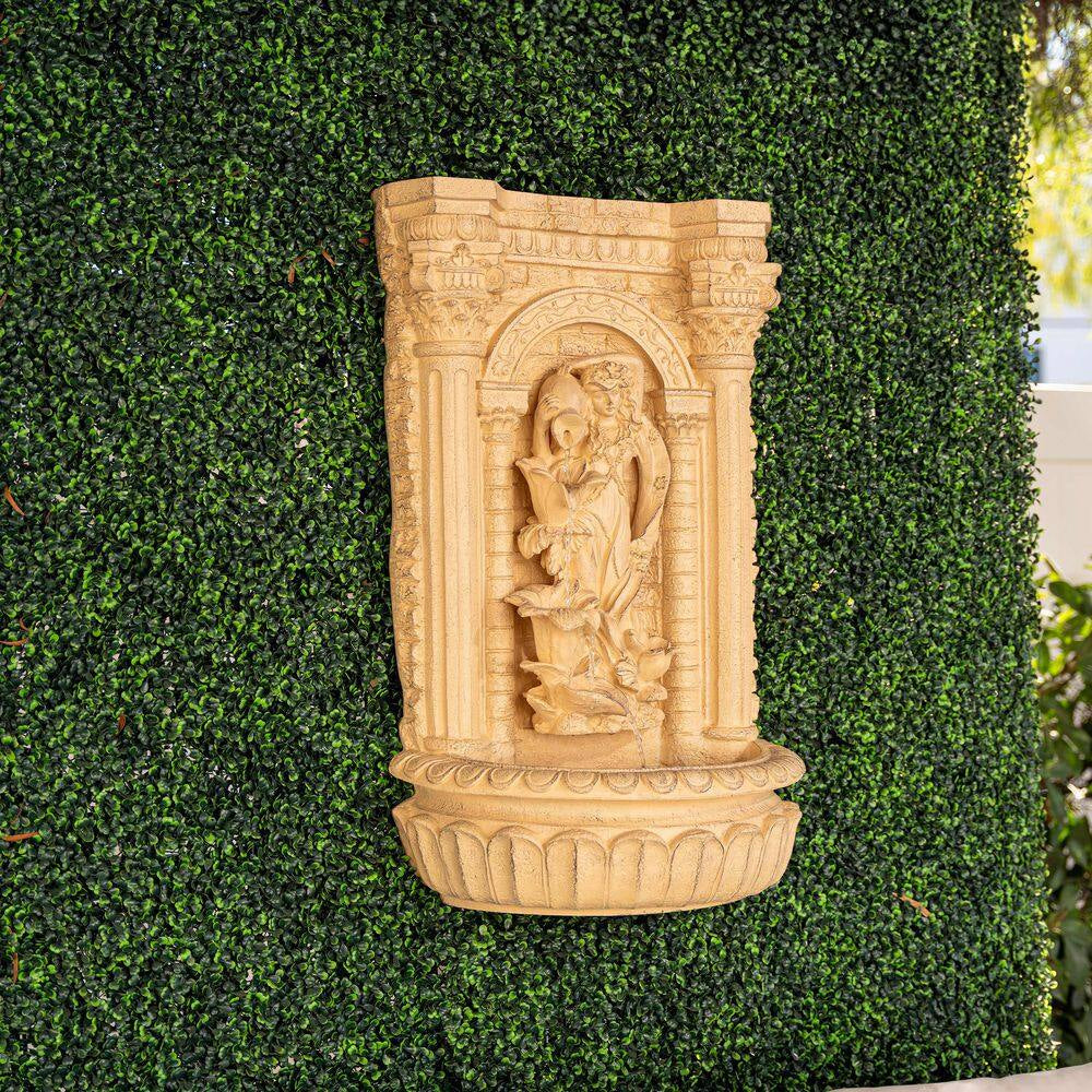 30.3" Solar Waterfall Pot Fountain, Tall Brown Maiden Holding Pot Wall Fountain, Outdoor Water Fountain, Polyresin