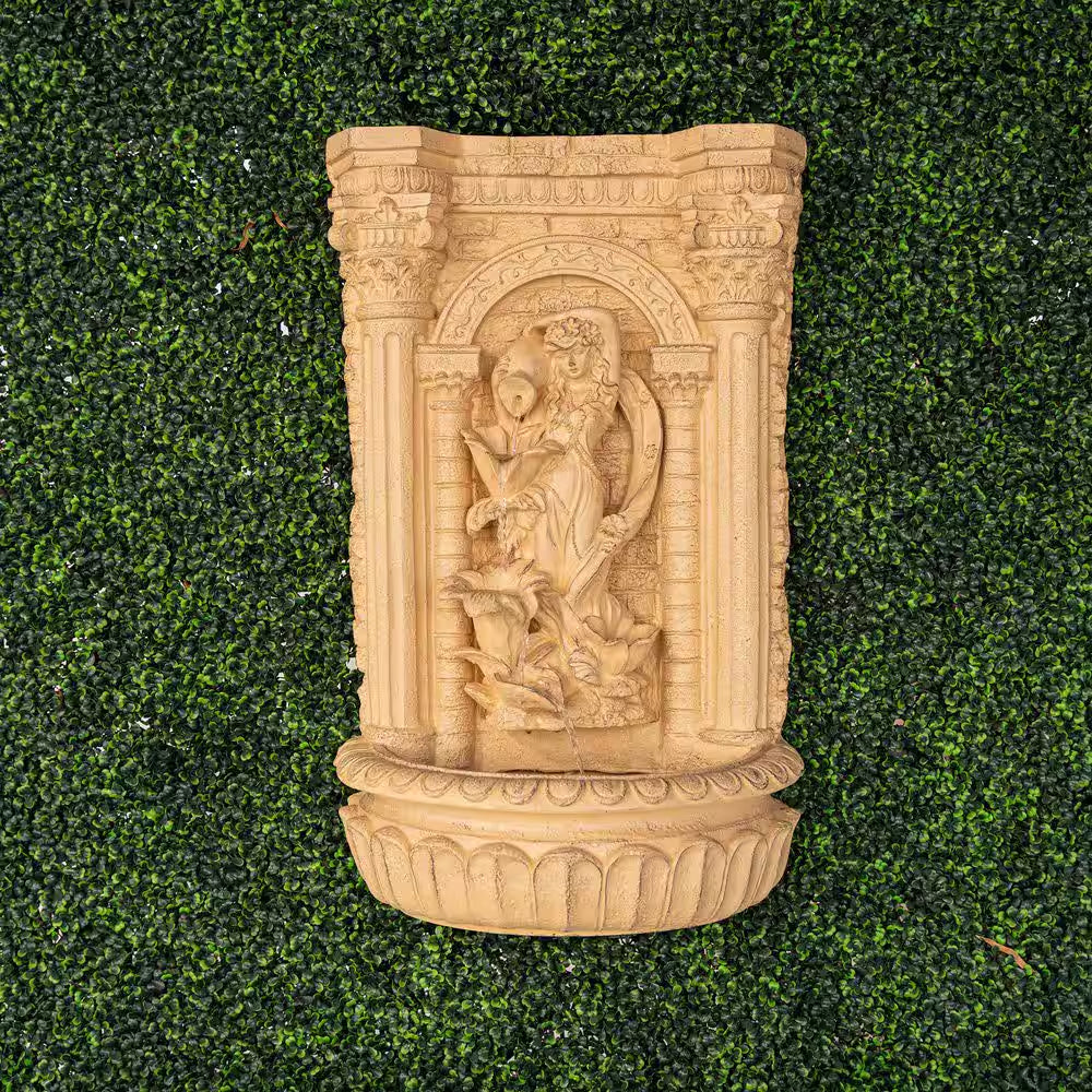 30.3" Solar Waterfall Pot Fountain, Tall Brown Maiden Holding Pot Wall Fountain, Outdoor Water Fountain, Polyresin