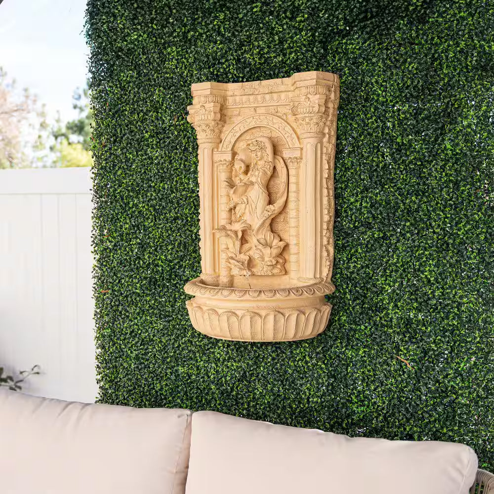 30.3" Solar Waterfall Pot Fountain, Tall Brown Maiden Holding Pot Wall Fountain, Outdoor Water Fountain, Polyresin