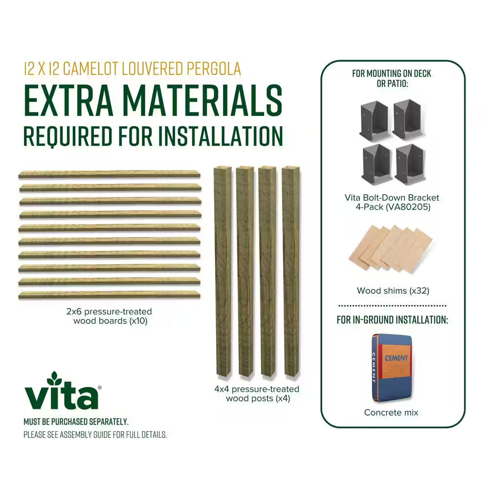 144"L X 144"W X 104"H Vinyl Camelot Louvered Pergola, White, VA42070