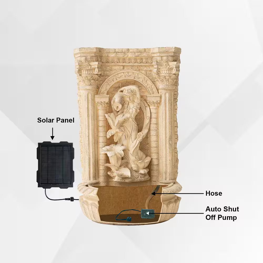 30.3" Solar Waterfall Pot Fountain, Tall Brown Maiden Holding Pot Wall Fountain, Outdoor Water Fountain, Polyresin