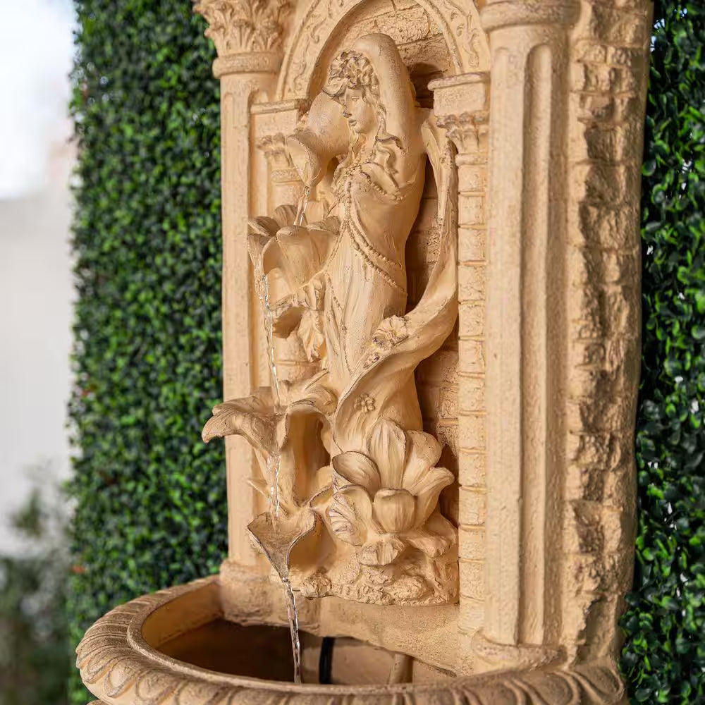 30.3" Solar Waterfall Pot Fountain, Tall Brown Maiden Holding Pot Wall Fountain, Outdoor Water Fountain, Polyresin